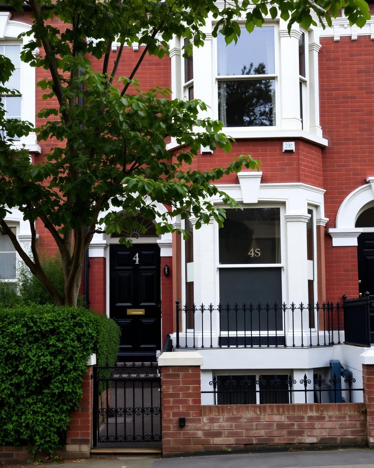 A Victorian terraced house in South West London with a black front door and red brick facade